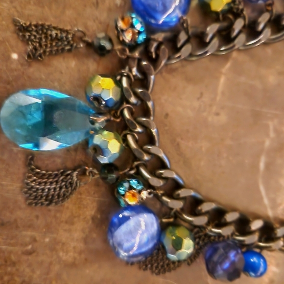 Vintage Gunmetal Blue Tone Crystal & Beads Statement Necklace And Earring Set - Picture 2 of 8